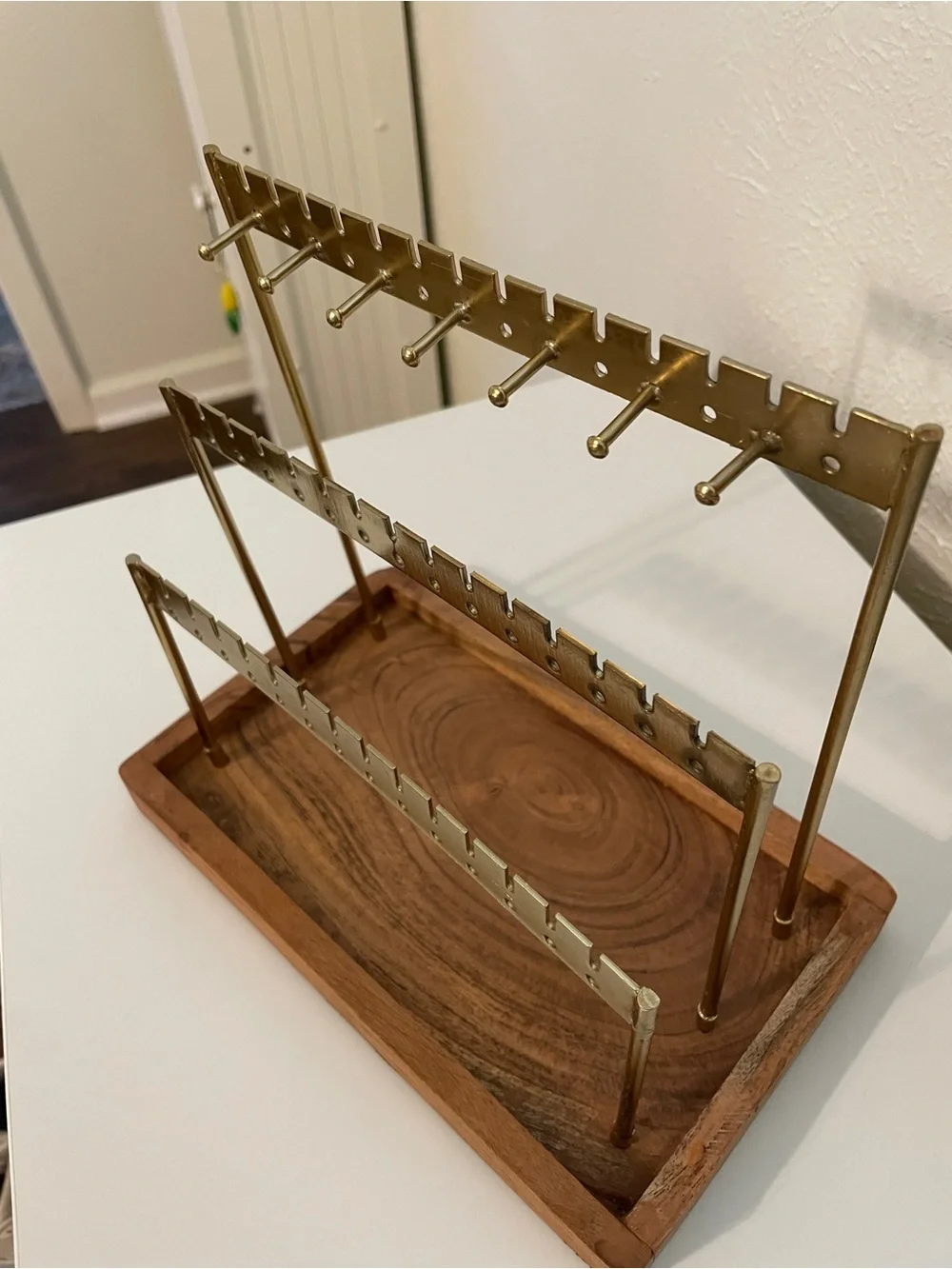 Tiered Earring Display with Wood Base - Brass Finish